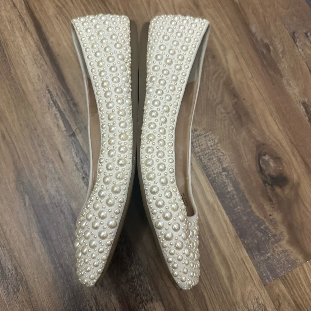 Cream Off White Pearl Beaded Square Toe Ballet Flats - Picture 7 of 8